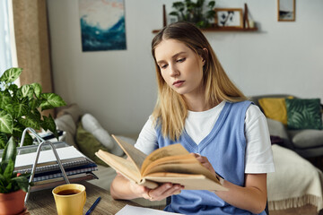 Wall Mural - A young girl in her stylish room enjoys reading while surrounded by plants and home decor.