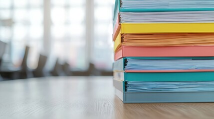 Poster - Stack of colorful files sitting on a desk in an office, enhancing workflow organization