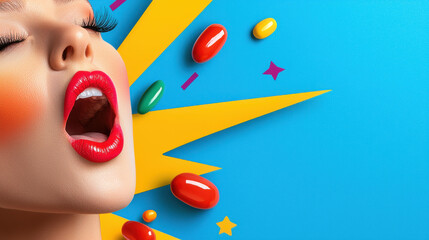 Poster - Vibrant pop art illustration featuring woman with bold red lips, colorful candies, and dynamic shapes against bright blue background, evoking excitement and energy