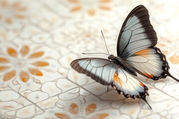 Wall Mural - Butterfly perched on patterned tile, showcasing delicate wings in soft light