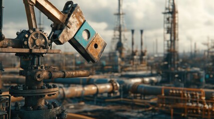 Poster - Detailed shot of an industrial oil pump at work, with gas pipelines and large machinery visible in the background at a busy oil field
