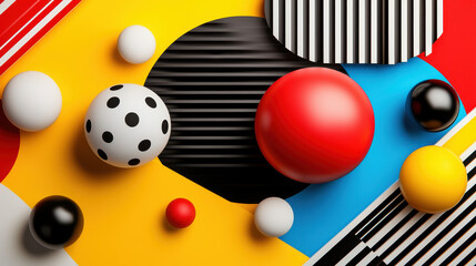 Poster - Bright and colorful abstract composition featuring geometric shapes, including red, black, and white spheres, along with striped and solid backgrounds, creating playful visual experience