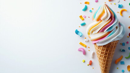 Poster - colorful pop art style ice cream cone topped with swirls of cream and vibrant sprinkles, evoking sense of joy and indulgence. Perfect for summer treats