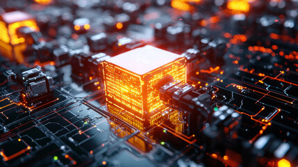 Aufkleber - vibrant, futuristic digital circuit board with glowing orange elements, showcasing advanced technology and intricate designs. image captures essence of innovation and connectivity