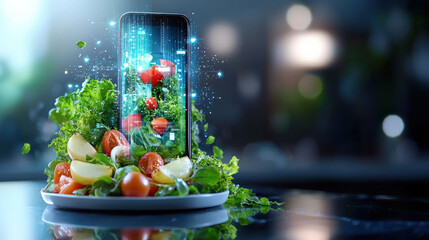 Aufkleber - digital food scanner analyzing fresh vegetables and fruits on plate. smartphone displays vibrant graphics, showcasing blend of technology and healthy eating