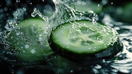 Poster - Fresh cucumber slices splashing in water, capturing the lively green color and freshness, ideal for culinary designs focused on healthy eating and vibrant ingredients