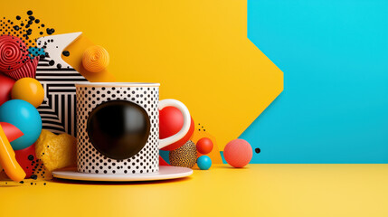 Poster - vibrant pop art style coffee cup surrounded by colorful geometric shapes and playful elements, creating lively and energetic atmosphere