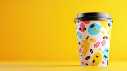 Aufkleber - vibrant pop art style coffee cup with colorful patterns against bright yellow background, showcasing playful designs and coffee beans