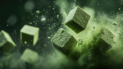 Aufkleber - Fresh green powder cubes exploding into a fine dust, creating a dynamic visual of flavor and freshness, ideal for food and ingredient-based imagery