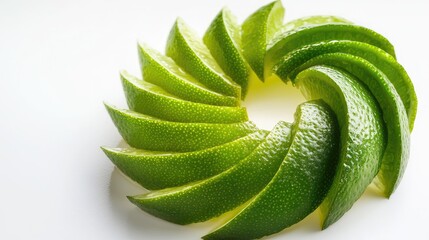 Poster - Fresh lime slices arranged in a spiral on a white background, showcasing their vibrant green color and juicy texture, ideal for cocktails and healthy recipes