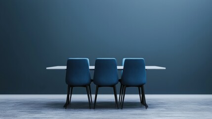 Poster - Empty meeting table and blue chairs in a quiet corporate room promoting concentration