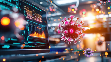 Poster - vibrant biotechnology laboratory scene featuring AI tools and digital displays, showcasing virus models and data analysis. atmosphere is dynamic and innovative