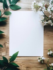 Poster - Elegant mock up design featuring blank paper surrounded by lush greenery and delicate blooms for creative projects and invitations. Generative AI