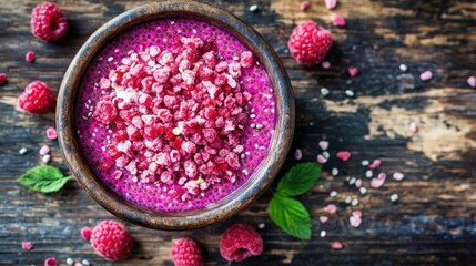 Aufkleber - Fresh raspberry chia seed pudding on a wooden table, highlighting the keto-friendly ingredients and vibrant colors of the chia seeds and raspberries