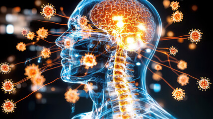 Poster - Anatomical illustration of human head with focus on brain and respiratory system, depicting virus interactions. This highlights complexity of human anatomy and health