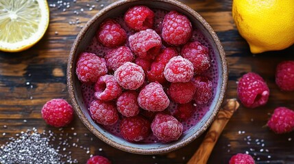 Aufkleber - Fresh raspberry chia seed pudding on a wooden table, highlighting the keto-friendly ingredients and vibrant colors of the chia seeds and raspberries