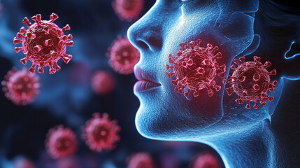 Aufkleber - X ray image illustrating viral entry into human cells, showcasing interaction between viruses and facial features, emphasizing impact of viral infections on health