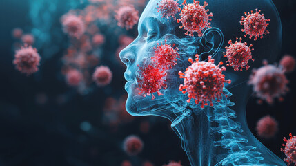 Poster - Clear visual representation of viral attack on human body, showcasing interaction between viruses and cells, illustrating impact of infections on health and immunity