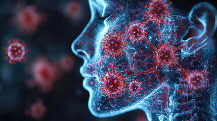 Leinwandbilder - Visual representation of viral attack on human cells, showcasing interaction between viruses and immune system. image highlights complexity of viral infections