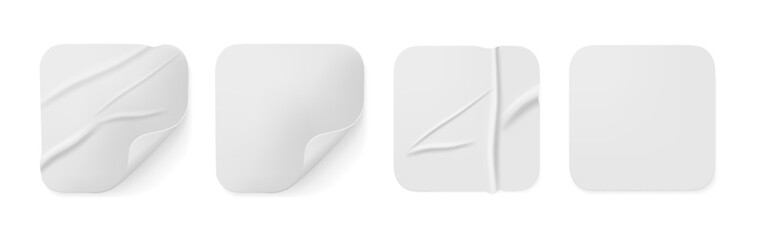 Aufkleber - Creased blank paper stickers with glued crumpled texture effect. Vector isolated realistic square labels with bend corners, white empty sheets with wrinkles and curled pieces, memo or note