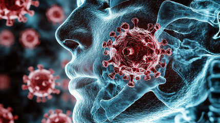 Poster - High quality X ray concept of viral infection affecting human face, showcasing interaction between virus and human cells, emphasizing impact of infections on health