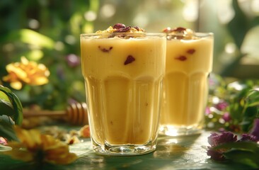 Canvas Print - Two glasses of delicious, golden-hued smoothie garnished with dried cranberries and nuts, bathed in sunlight amidst a vibrant garden setting.