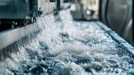 Poster - High-detail close-up of paper cardboard processing, highlighting visible fibers and water drainage as the material transitions from pulp to solid sheet, with stainless steel equipment