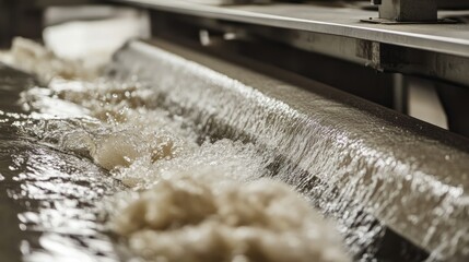 Poster - High-detail close-up of paper cardboard processing, highlighting visible fibers and water drainage as the material transitions from pulp to solid sheet, with stainless steel equipment