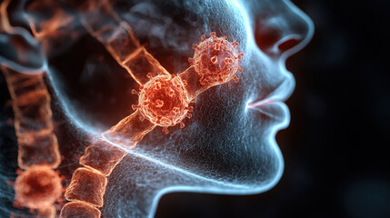 Fototapete - High quality X ray concept of viral infection affecting human body, showcasing interaction between viruses and cells. This illustrates impact of viruses on health