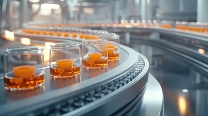 Poster - High-tech pharmaceutical facility with a conveyor belt system producing medical ampoules, each with orange caps, for vaccine and medication production in a clean environment