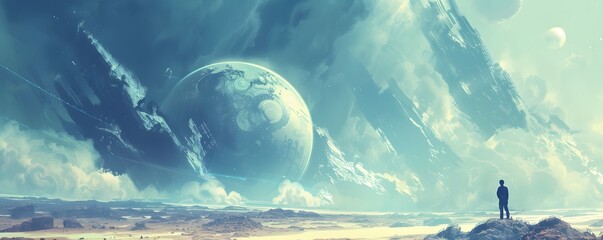 Wall Mural - A man is standing on a hill overlooking a vast, empty landscape