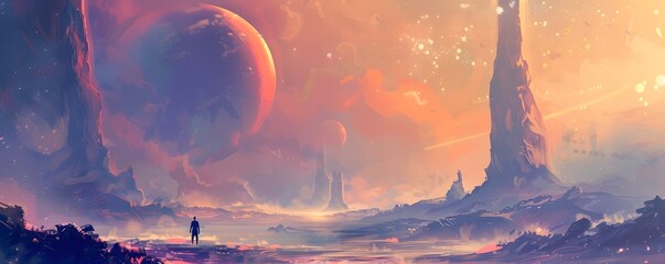 Wall Mural - A man is standing in a field with a planet in the background