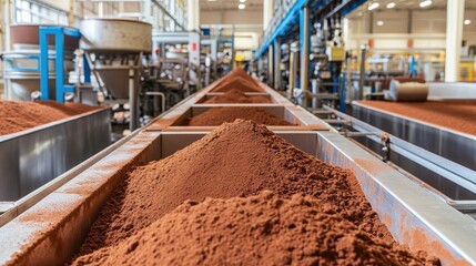 Poster - Industrial production line featuring containers of cocoa powder in a factory, showing the manufacturing process and machinery at work in a cocoa processing plant