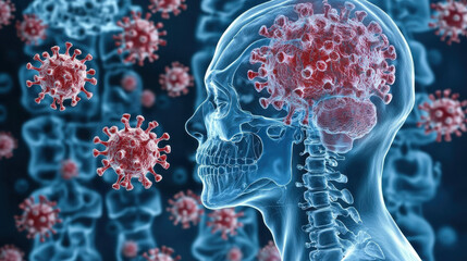 Fototapete - X ray style image of human head showing viral infection in brain, highlighting impact of viruses on neurological health and body response to infection