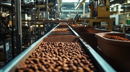 Poster - Industrial production line featuring containers of cocoa powder in a factory, showing the manufacturing process and machinery at work in a cocoa processing plant