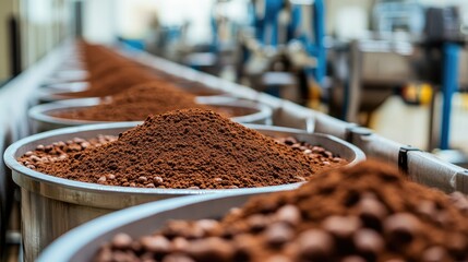 Poster - Industrial production line featuring containers of cocoa powder in a factory, showing the manufacturing process and machinery at work in a cocoa processing plant