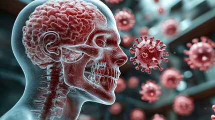 Poster - 3D human skull and brain illustration showing viral infection with red virus particles. This striking image highlights impact of viruses on human health and anatomy