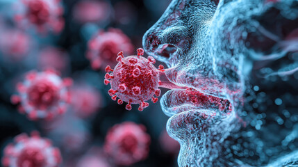 Poster - Medical illustration showing how viruses enter respiratory system, depicting virus approaching human face. This visual emphasizes interaction between pathogens and human health
