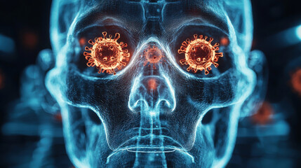 Fototapete - x ray style image of human skull with glowing virus particles in eyes, showcasing semi transparent v