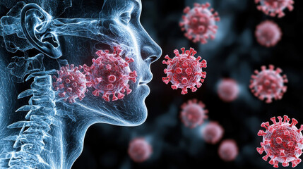 Poster - X ray view of human head showing respiratory system with viruses. This illustration highlights impact of viruses on human health, emphasizing importance of respiratory care