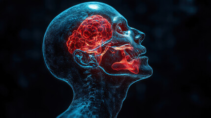 Poster - X ray view of human head showing respiratory structures and brain. This detailed illustration highlights anatomical features, emphasizing complexity of human anatomy