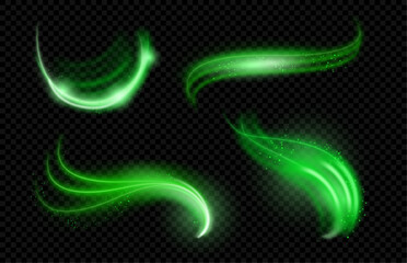 Poster - Swirls and glowing effects with dust or mint leaves particles. Vector realistic curves and waves, flares and beams or shimmer texture. Curved lines, motions with tiny pieces of foliages or stardust