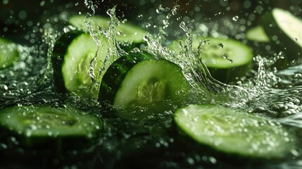 Poster - Slices of fresh cucumber splashing in crystal-clear water, showcasing the vibrant green hues and texture, ideal for food photography and healthy eating visuals