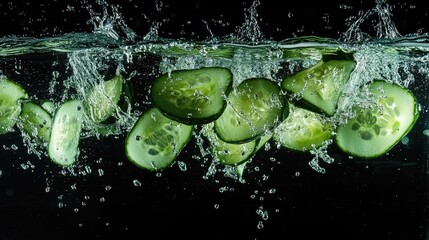 Poster - Slices of fresh cucumber splashing in crystal-clear water, showcasing the vibrant green hues and texture, ideal for food photography and healthy eating visuals