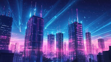 Poster - Telephony cell towers emitting signals, ensuring strong voice connections for seamless communication, illustrating modern mobile telecommunication networks