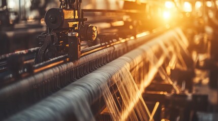 Aufkleber - Textile weaving machines in a textile mill, producing fabric in an industrial setting, highlighting the scale and precision of fabric manufacturing processes