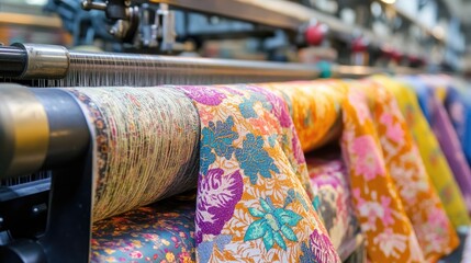 Aufkleber - Textile weaving machines in a textile mill, producing fabric in an industrial setting, highlighting the scale and precision of fabric manufacturing processes