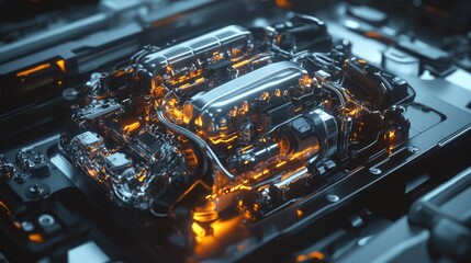 Poster - The complex and detailed electric car engine, with visible wiring and advanced components, representing the forefront of automotive technology and electric mobility