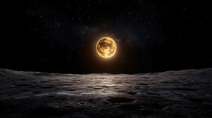golden moon rising over lunar landscape, starry night sky. space exploration, science fiction backdr