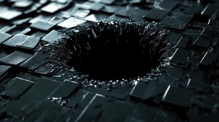 Poster - The glossy surface of black ceramic bricks is shattered by a mysterious black hole emerging through, creating a dark and surreal visual effect